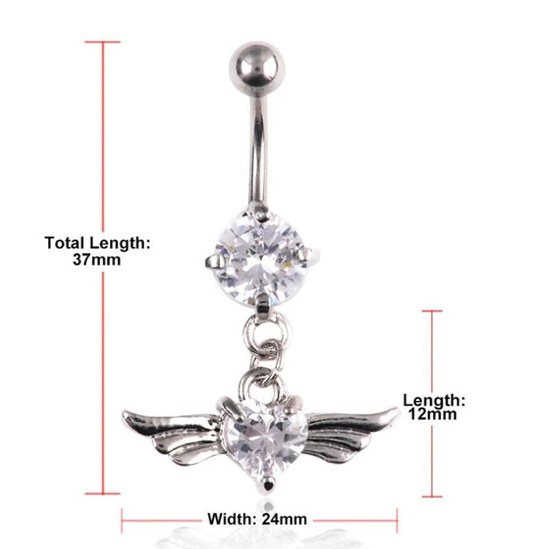 14G Heart Wing Crystal Navel Belly Button Ring Barbell Body Piercing Jewelry