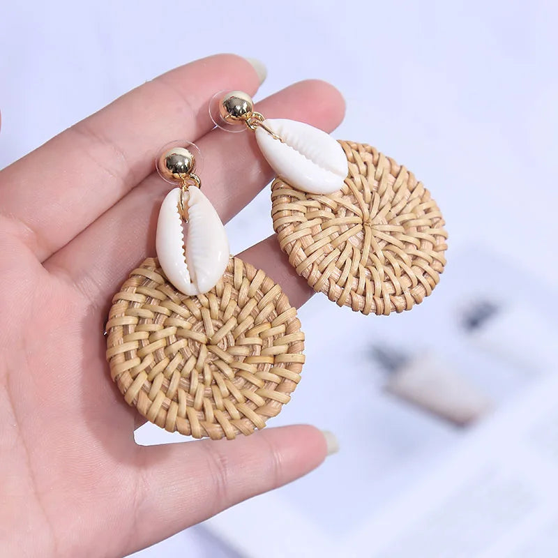 Hemasa Korean Style Fashion Handmade Natural Shell Rattan Drop Earrings For Women