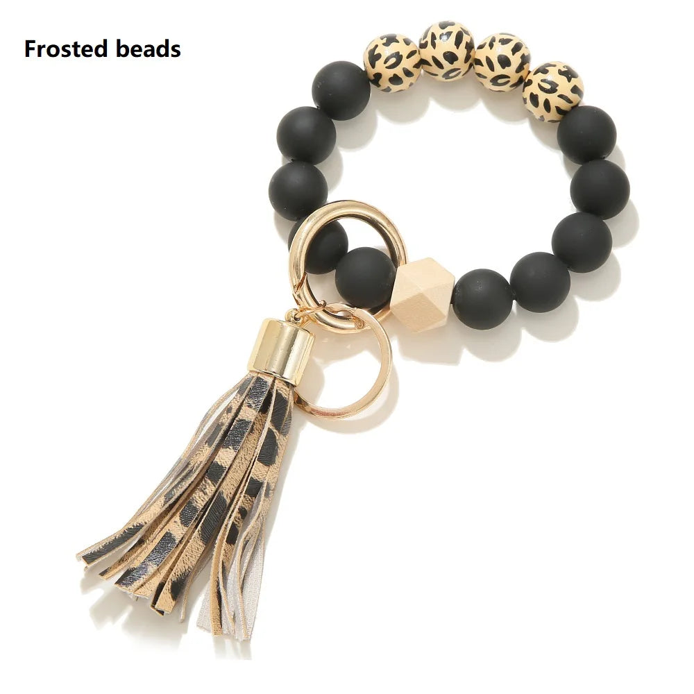 Silicone Keychain For Keys Tassel Wood Beads Bracelet Keyring For Women Multicolor Beads Keychain Fashion Keychain Wholesale