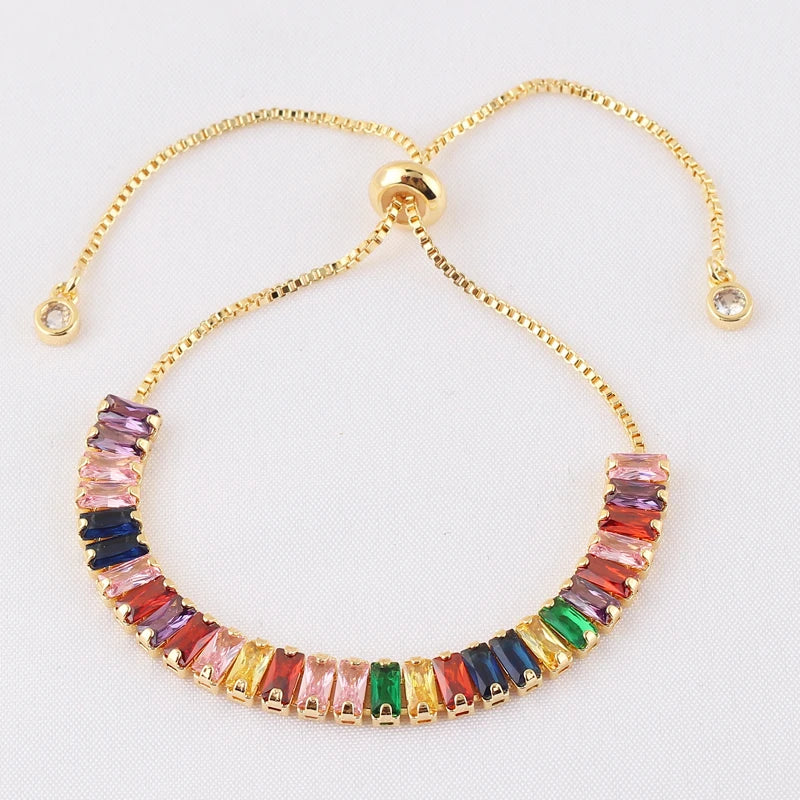 18K Gold Plated Cubic Zircon Adjustable Colorful Bracelets For Women Girls Rainbow CZ Jewelry Best Birthday Party Wedding Gift
