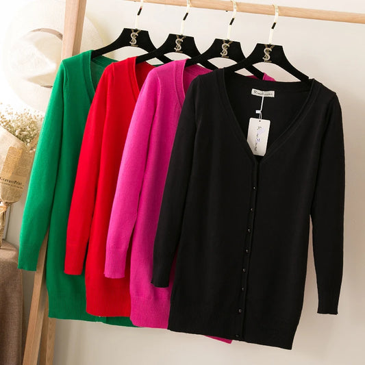 Outerwear V-neck Jersey Korean Fashion Style Cropped Blouses Long Woman Cardigan Knitted Ladies Sweaters Black Clothing Tricot