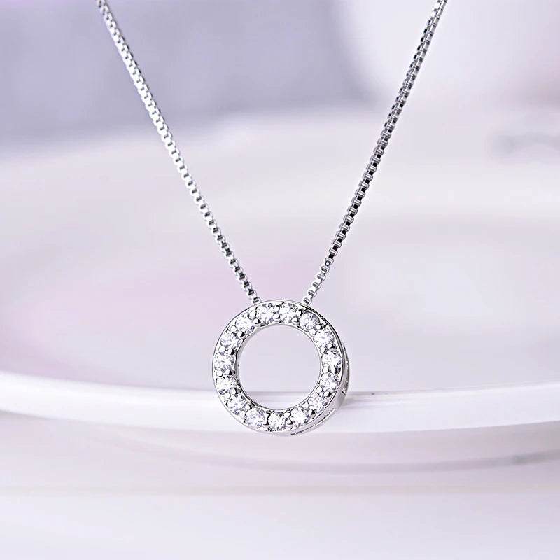 New Fashion 925 Sterling Silver Jewelry Fine Round Zircon Pendant Necklaces Women Gift Semi Circle Rhinestone CZ Clavicle Chain