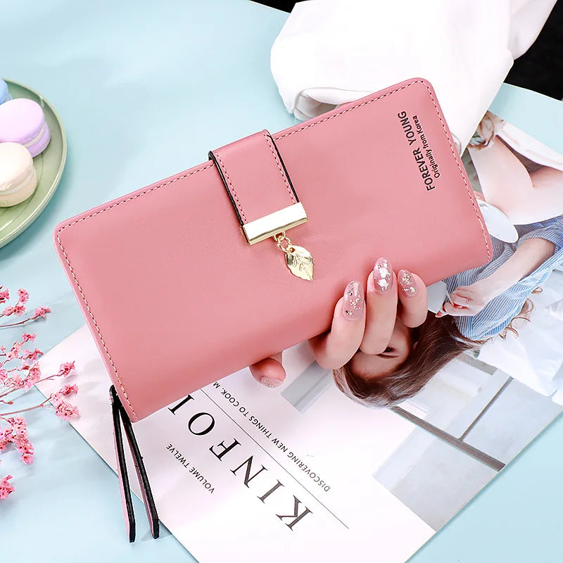 Hemasa Fashion Leaf Pendant Women's Long Wallets Female PU Leather Zipper Coin Purse Hasp Money Clutch Bag Large Capacity Card Holders