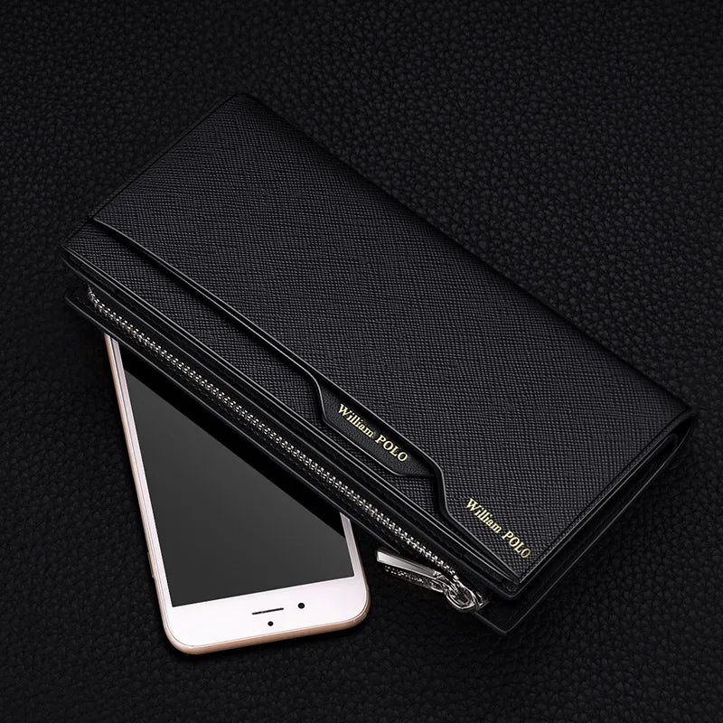 Hemasa Long Wallet Men Clutch Bag With Strap Leather Men's Phone Credit Card Luxury Removable Card Holder Wallet