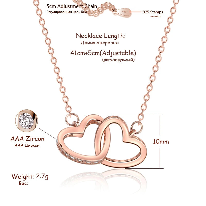 Hot Sale Fashion Double Love Heart Zircon Pendant Necklace 925 Sterling Silver Rose Gold Rhinestone Necklaces Women Jewelry Gift
