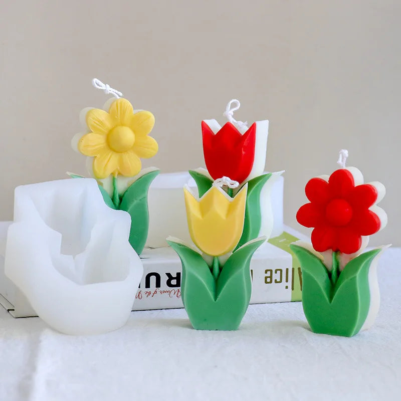 3D Cartoon Tulip Flower Silicone Candle Mold for DIY Handmade Aromatherapy Candle Plaster Ornaments Handicrafts Soap Mould tool