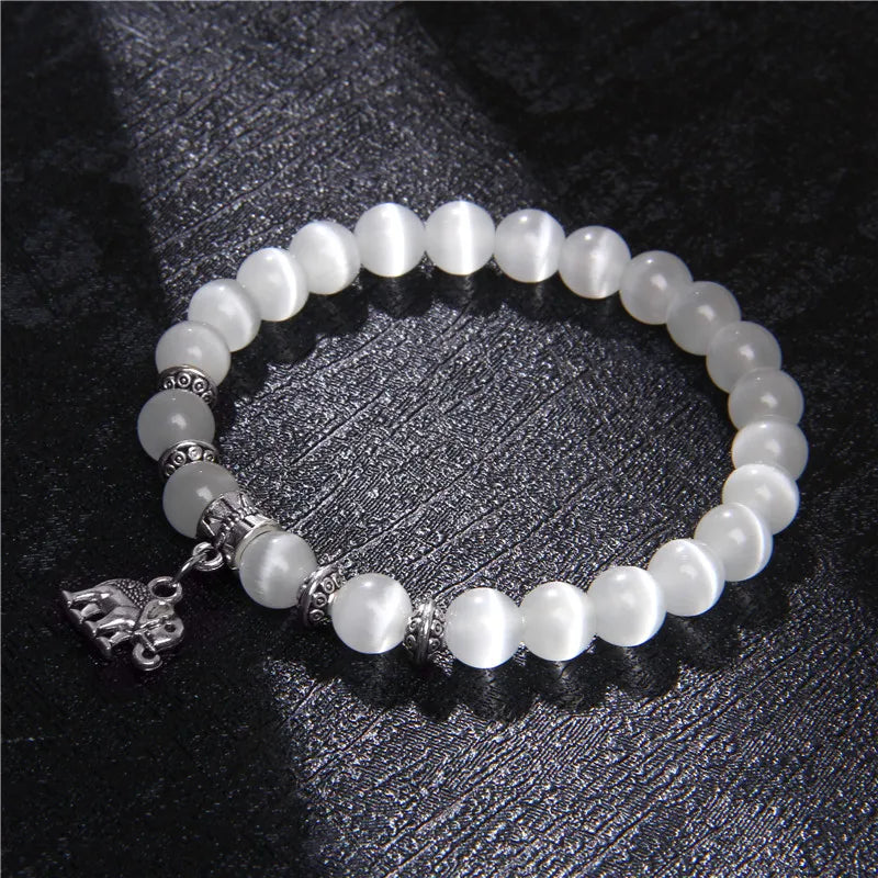 Butterfly Charm White Cat Eye Stone Bracelets For Women Men Crown Swan Elephant Pendant Moonstone Beads Bracelet Fashion Jewelry
