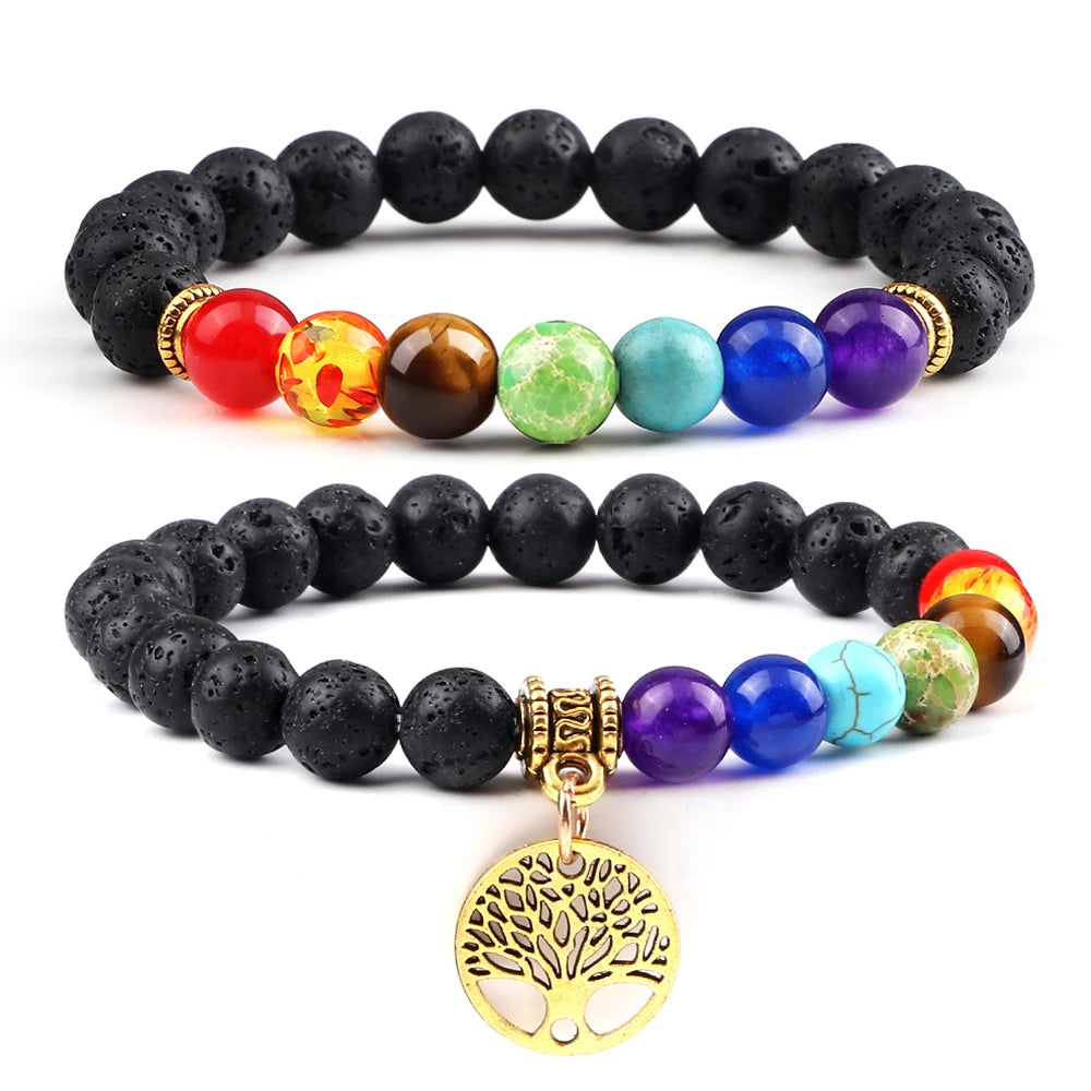Hemasa 2pcs/set Hot 7 Chakra Beads Bracelets Tree of Life Natural Tiger Eye Stone Black Lava Onyx Balance Bracelet Yoga Bangles Jewelry