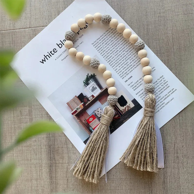 Handmade Wood Bead Garland With Jute Tassel Rustic Wooden Home Decoration Garlands For Rattan Macrame Wall Hanging Boho Gift
