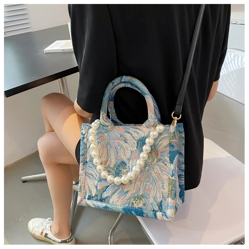 Hemasa Autumn  Woman Canvas Tote Bag Pearl Bead Decorated Crossbag