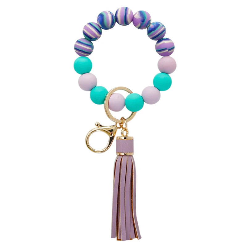 Silicone Keychain with Safe Card Picker Rainbow Color Silicone Beads Women Keyrings Barcelet Fashion Keychains For Keys Bag Car