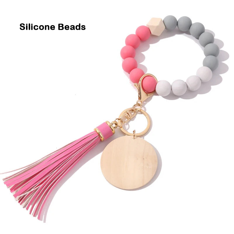 Silicone Keychain For Keys Tassel Wood Beads Bracelet Keyring For Women Accessories Multicolor Keychain Wholesale Hot Sale 2022