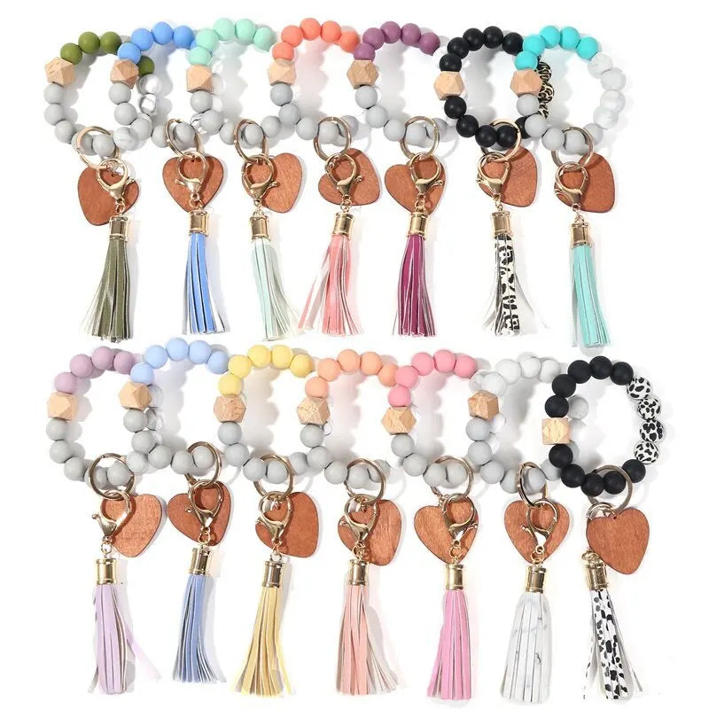 Silicone Keychain For Keys Tassel Wood Beads Bracelet Keyring For Women Multicolor Beads Keychain Fashion Keychain Wholesale