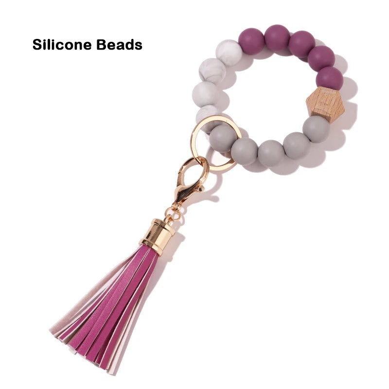 Silicone Keychain For Keys Tassel Wood Beads Bracelet Keyring For Women Accessories Multicolor Keychain Wholesale Hot Sale 2022