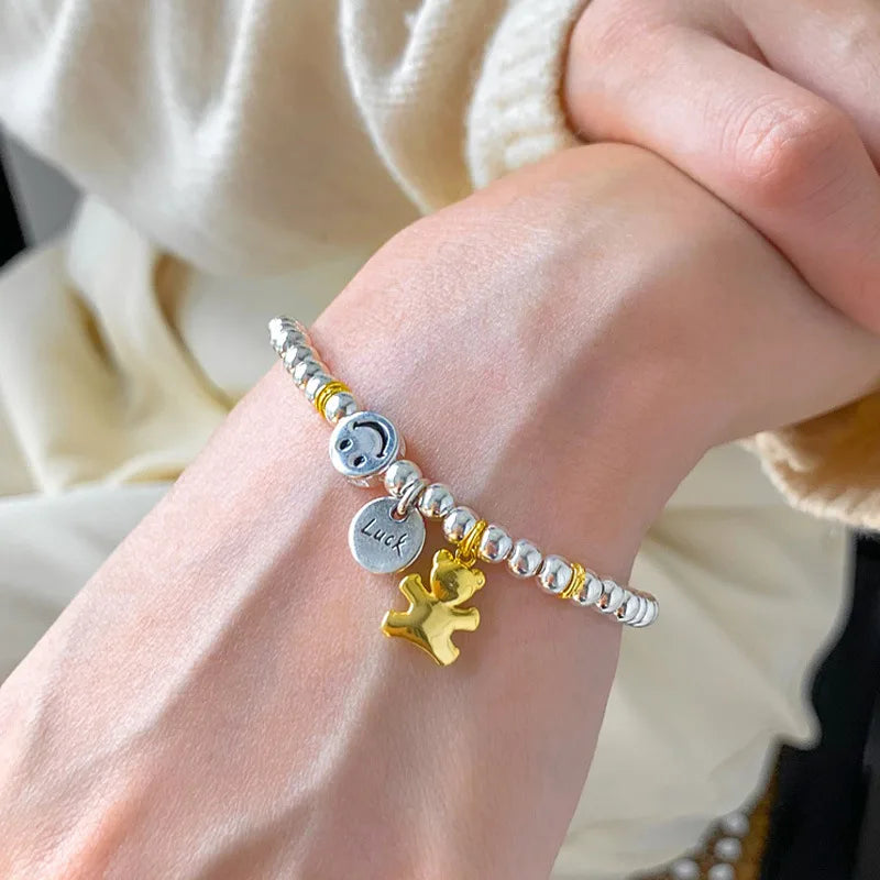 QMCOCO Unique Creative Silver Color Round Pendant Smile Face Bear Round Bead Bracelet Women New Korean Fashion Hand Ornaments