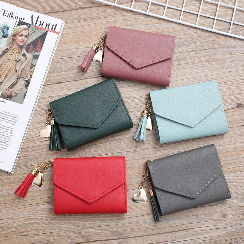 2024 New Korean Style Short Tassel Ladies Wallet Card Holder Student Pure Pendant Buckle Bag Multicolor Small Handbag Women's