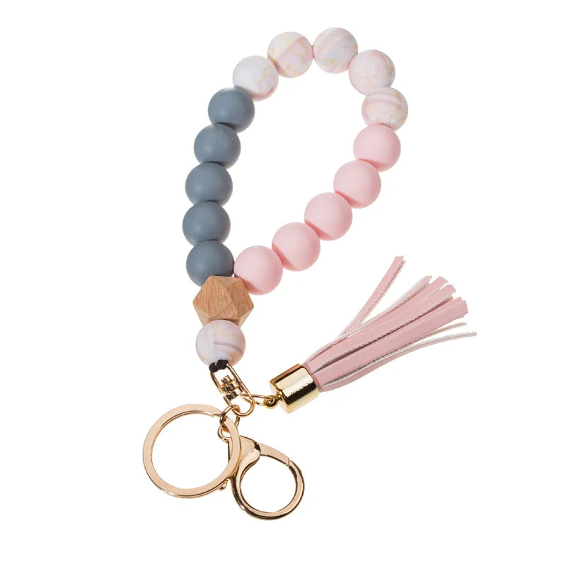 Silicone Keychain For Keys Tassel Wood Beads Bracelet Keyring For Women Accessories Multicolor Keychain Wholesale Hot Sale 2022