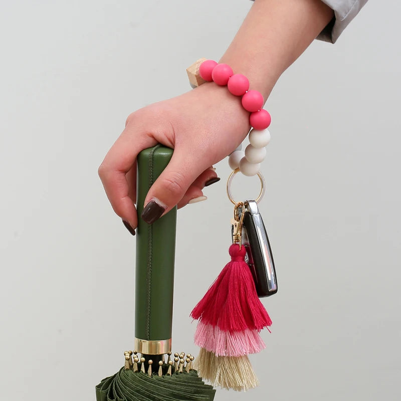 Hemasa Silicone Beads Keychain for Women/ Multilayer Tassel Bracelet Keychain