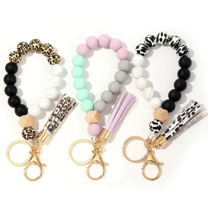 Silicone Keychain For Keys Tassel Wood Beads Bracelet Keyring For Women Accessories Multicolor Keychain Wholesale Hot Sale 2022