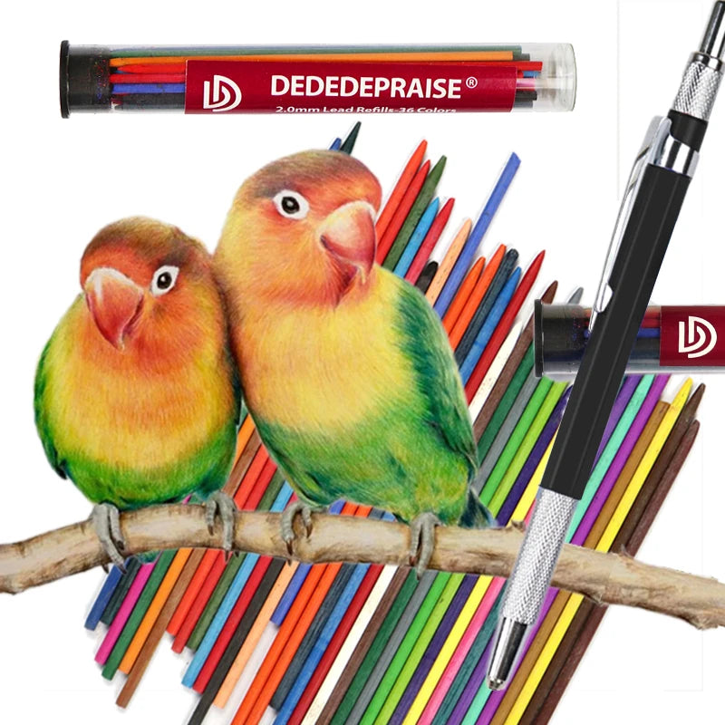 DEDEDEPRAISE Sketch 2.0MM Press Mechanical Pencil & 36colors Leads Drawing Colored Pencils Automatic Pencils Replacement Leads