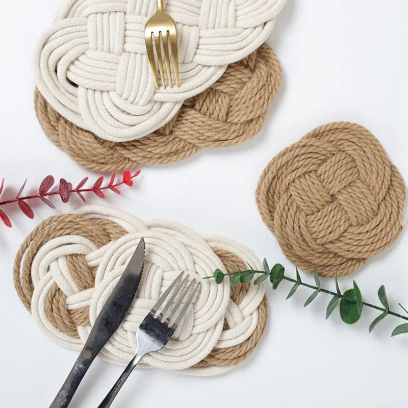 Hemasa Set of 2 Rope Woven Cotton Thread Jute Table Mat Coaster Placemats - Available in 3 designs.