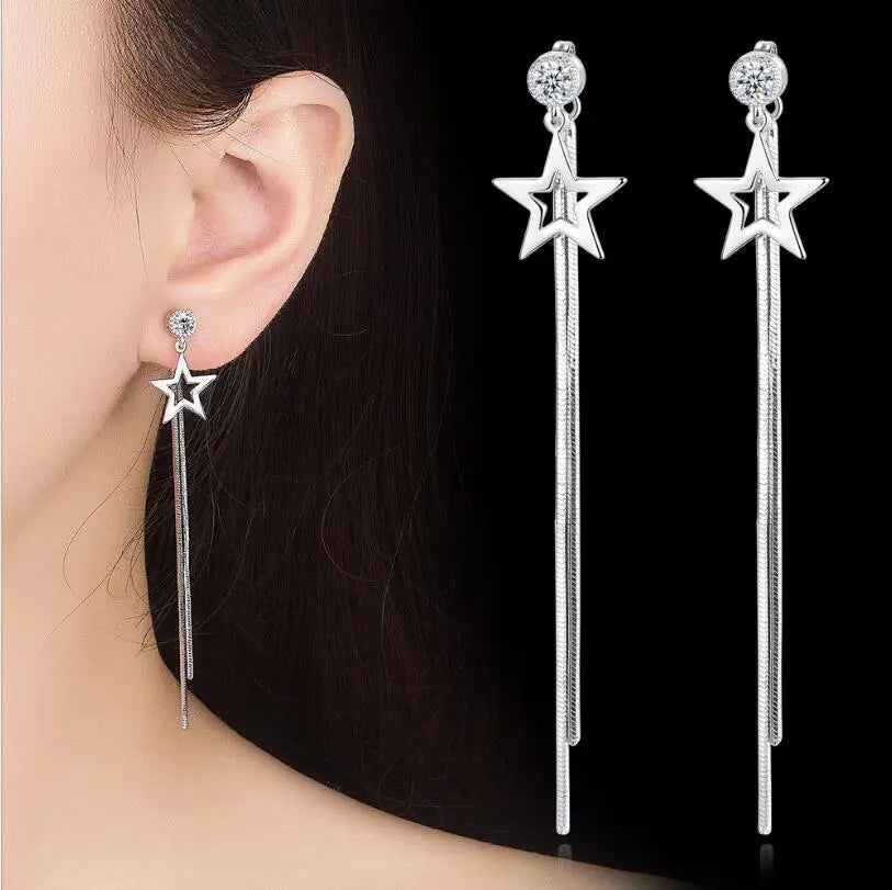 925 Sterling Silver Tassel Earrings For Women Zirconia Star Long Earrings Chain oorbellen Boucle d'oreille New Trendy S-E865