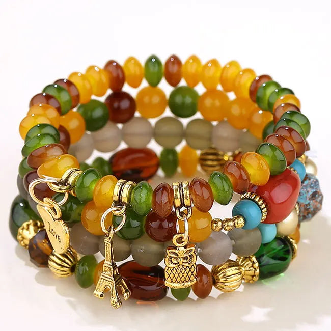 Candy Color Multilayer Bohemia Bracelets Resin Beads Stone Bracelets Sets Bijoux Owl Charm Bracelet Femme Jewelry