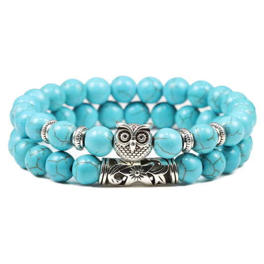 2pcs/set Owl Bracelet Blue Pine Beads Bracelets Classic Natural Lava Stone Bead Bangles Charm Men Pulseras Mujer Bijoux Armband