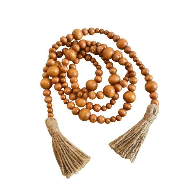 Wooden Bead Garland with Tassels Rustic Country Farmhouse Home Holiday Christmas Tree Garland Tray Wall Hanging Photo Props