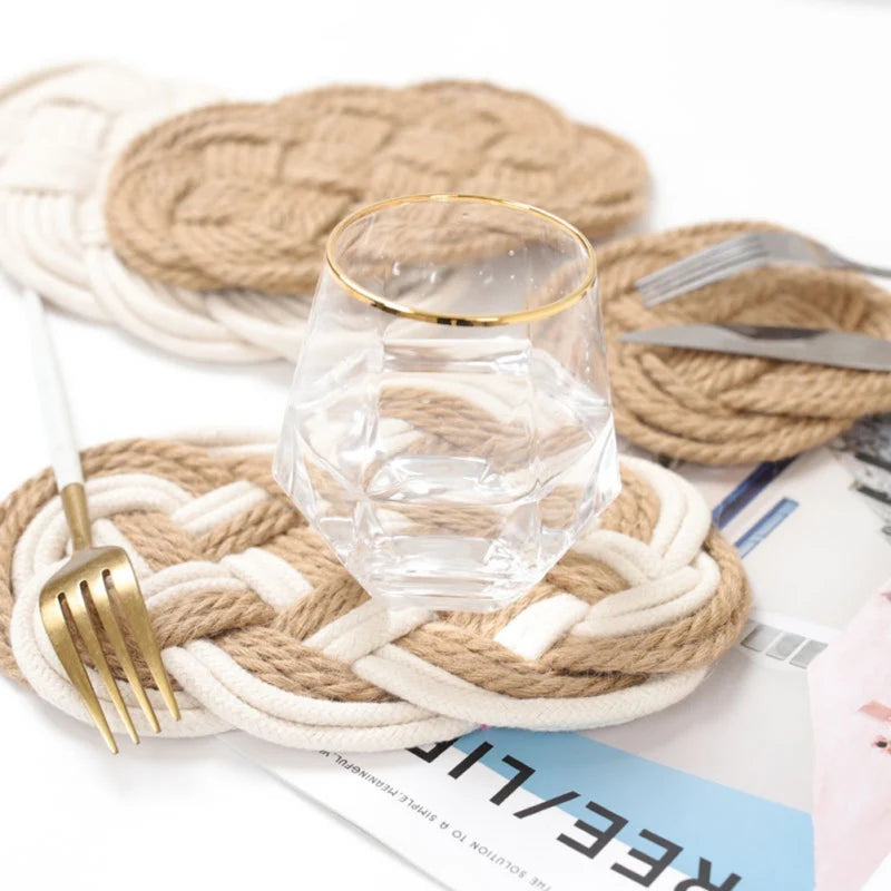 Hemasa Set of 2 Rope Woven Cotton Thread Jute Cup Mats, Coaster Placemats - Available in 3 designs.