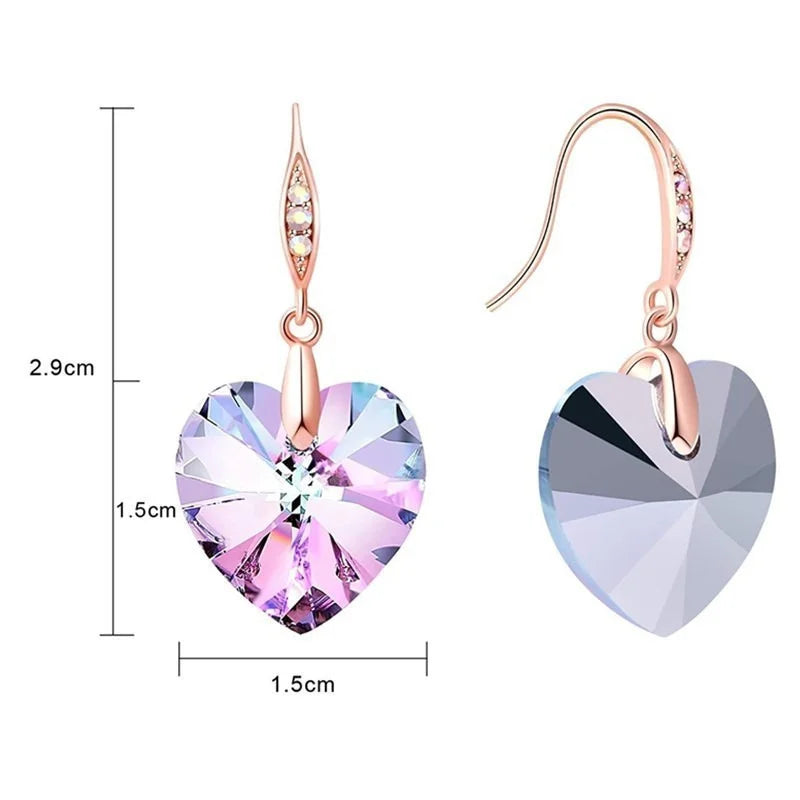 Rose Gold Heart Crystals Drop Earrings for Women Girls Birthday Fashion Jewelry Gifts