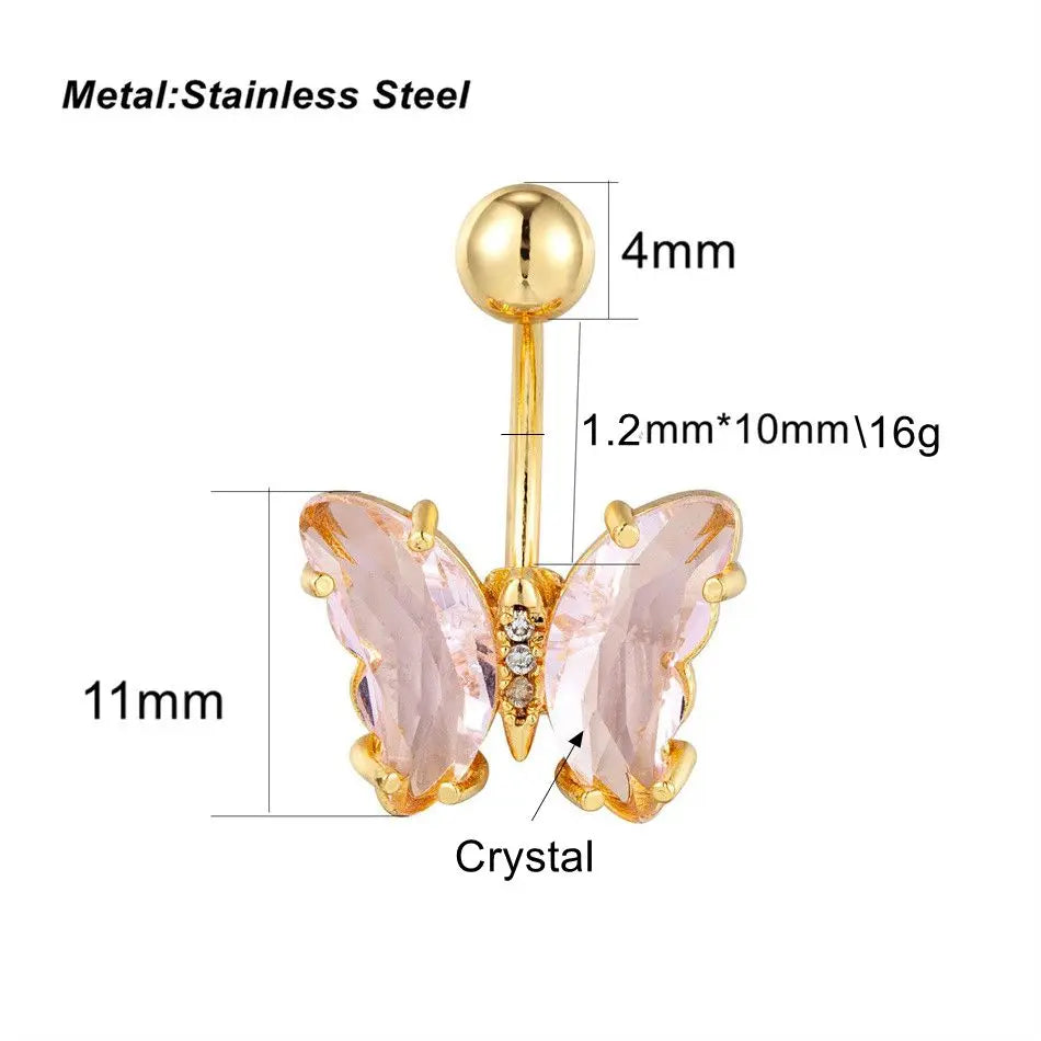 Colorful Crystal Butterfly Navel Earring 16G 10mm Surgical Steel Belly Button Piercing Rings Woman Ear Lobe Stud Body Jewelry