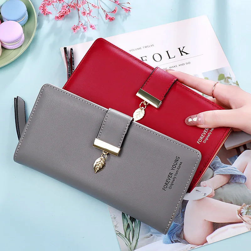 Hemasa Fashion Leaf Pendant Women's Long Wallets Female PU Leather Zipper Coin Purse Hasp Money Clutch Bag Large Capacity Card Holders