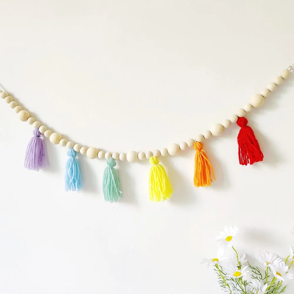Nordic Kids Room Beads Garland Wall Decoration Handmade Rainbow Nursery Room Decor Hanging Decor Boys Girls Room Decor