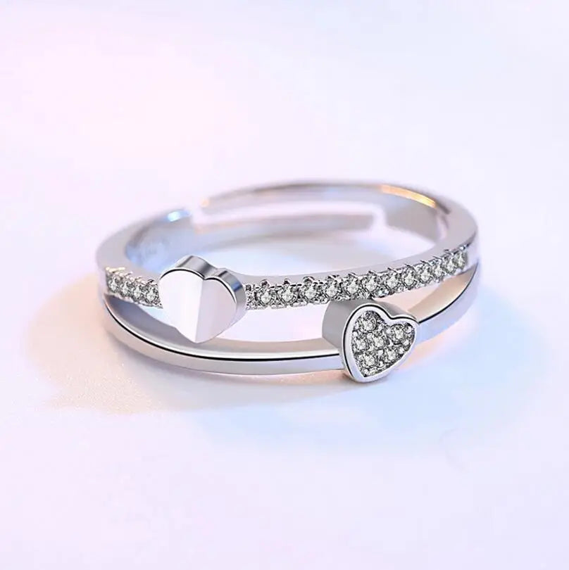 Luxury 925 Sterling Silver Wedding Ring For Women Double Heart Zirconia Opening Ring Valentine's Day Present S-R133