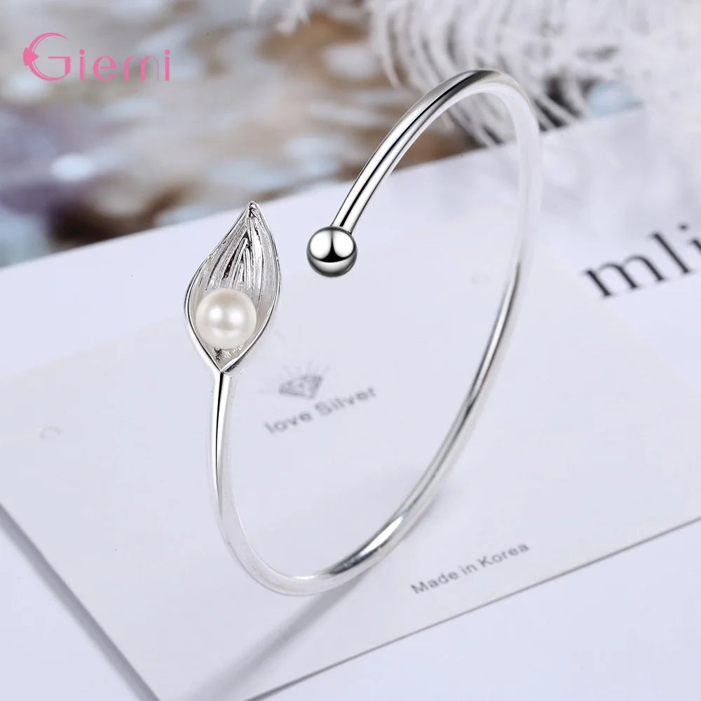 Open Adjustable Leaf Cuff Bracelets for Women Hot Sale 925 Sterling Silver Freshwater Pearl Bangles Gift Jewelry Wholesale