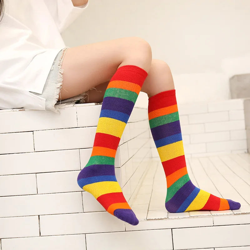 Children Girls Socks Knee Casual Fashion Rainbow Striped Christmas Hose Kids Breathable Cotton Stocking Legwarmers