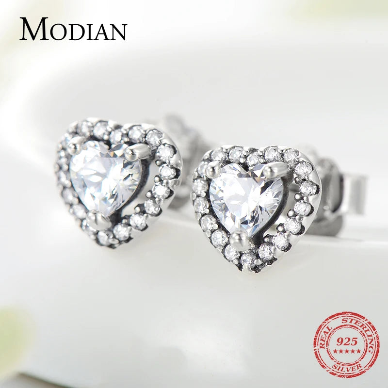 Modian Dazzling 925 Sterling Silver Clear CZ Heart Fashion Stud Earrings for Women Charm Wedding Statement Silver Fine Jewelry