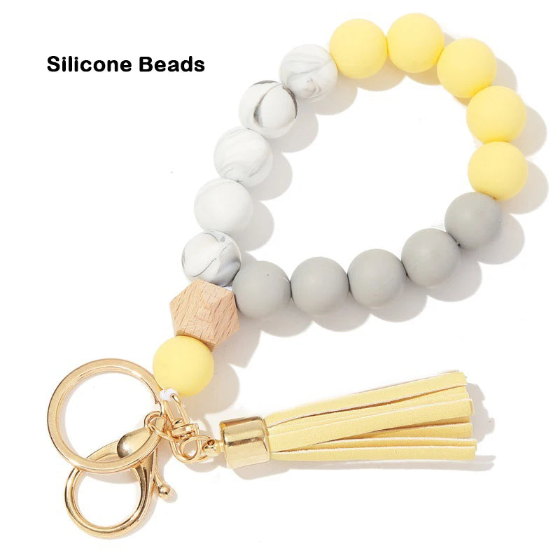 Silicone Keychain For Keys Tassel Wood Beads Bracelet Keyring For Women Accessories Multicolor Keychain Wholesale Hot Sale 2022