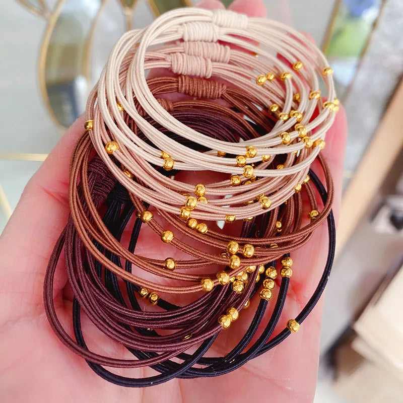 Tejesa 10PCS Korean Women Elastic Hair Rubber Bands  for Girs /Golden Plated Beads Hair Scruchies Hair Tie/Holder