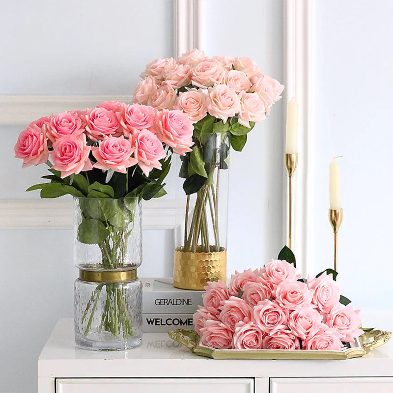 15Pcs/lot High Quality Artificial Flowers Decor Rose Latex Flower Home Decoration Real Touch Rose Wedding Bridal Bouquet Flower
