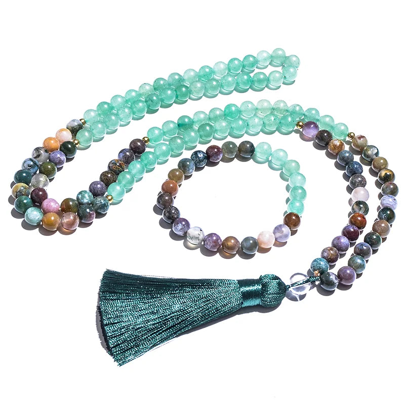 8mm Indian Agate Green Aventurine 108 Beads Japamala Necklace Bracelet Set Meditation Yoga Blessing Men and Women Jewelry
