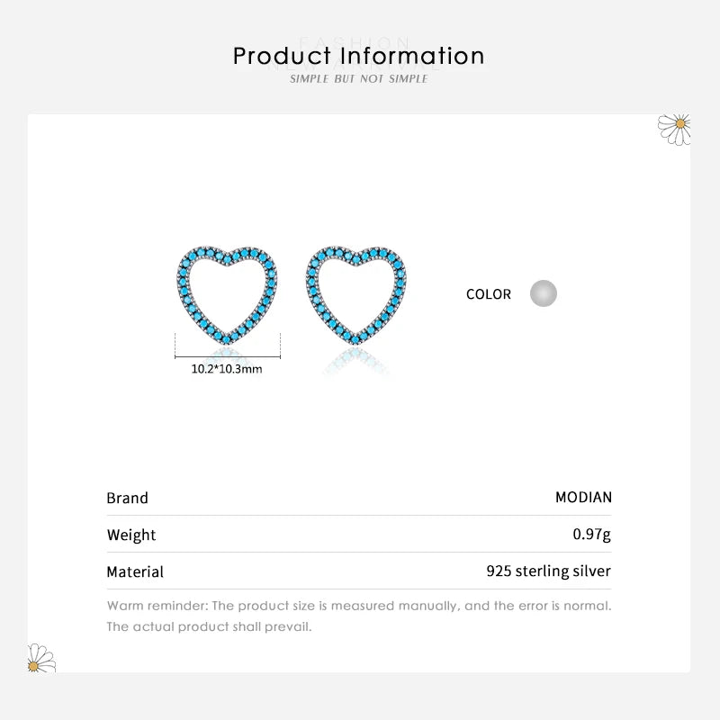 MODIAN Pure 925 Sterling Silver Romantic Simple Hearts Charm Turquoise Stud Earrings For Women Wedding Statement Jewelry Aretes