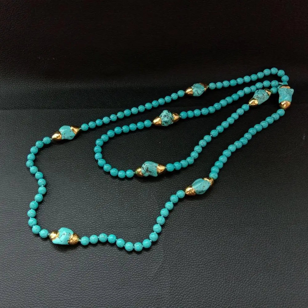 YYGEM 52'' 8MM Blue Turquoise Round Yellow Gold Plated Freeform Turquoise long sweater chain Necklace
