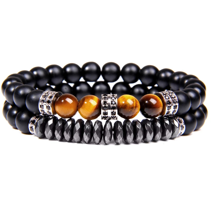 Fashion 2pcs Bead Bracelet Men Natural Tiger Eye Hematite Obsidian Beaded Bracelets Homme Energy Stretch Bracelet Men Jewelry