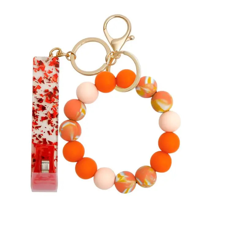 Silicone Keychain with Safe Card Picker Rainbow Color Silicone Beads Women Keyrings Barcelet Fashion Keychains For Keys Bag Car