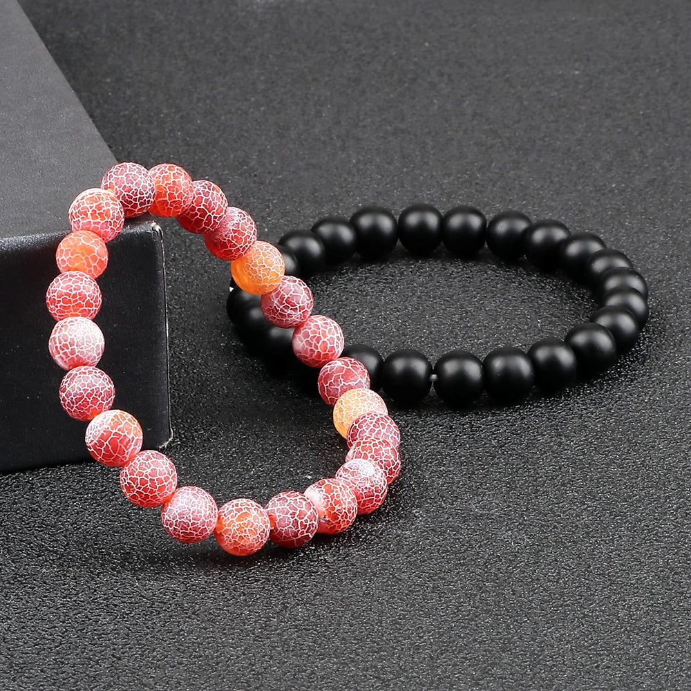 Heamsa 2pcs Men Beads Bracelet Natural Crack Weathered Stone Black Onyx Bangles Stretch Couple Distance Bracelets Yoga Wrist Jewelry