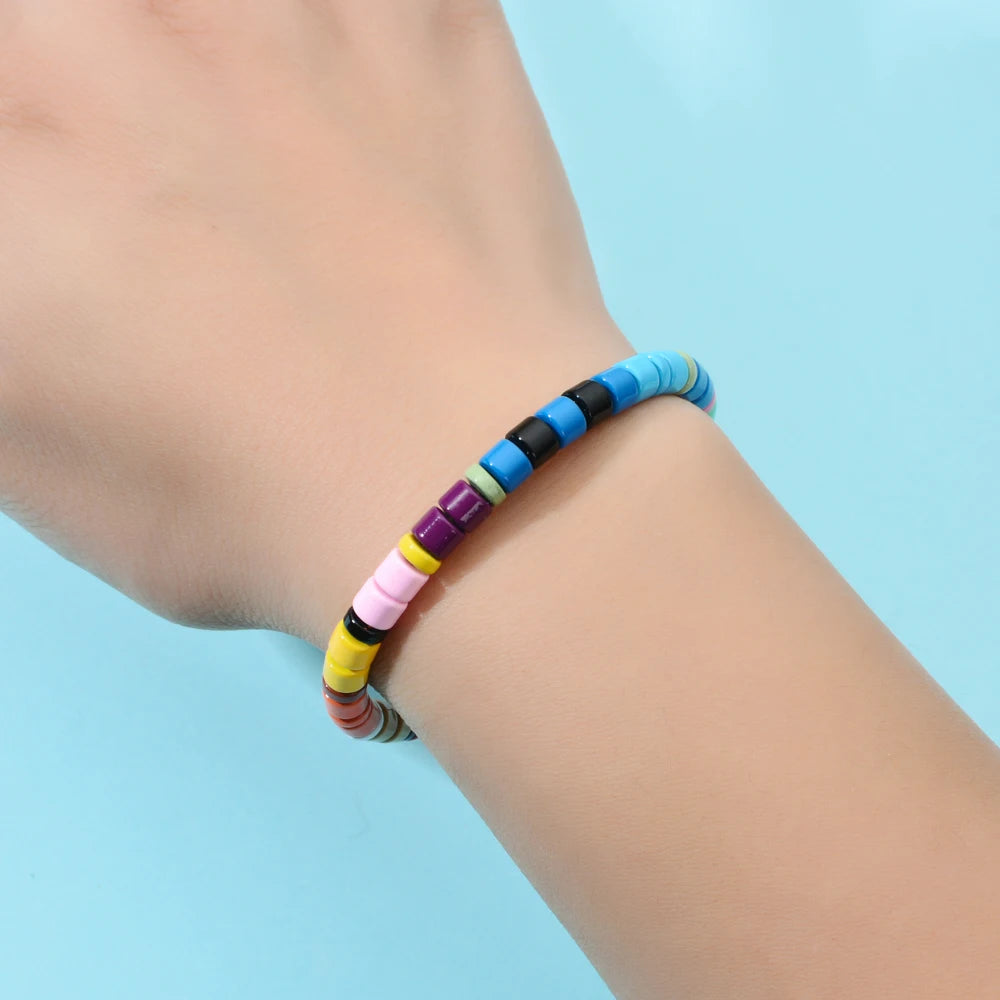 Hemasa Multicolor Enamel Tile Beads  Elastic Rainbow Bracelet  for Girl /Friend /Women