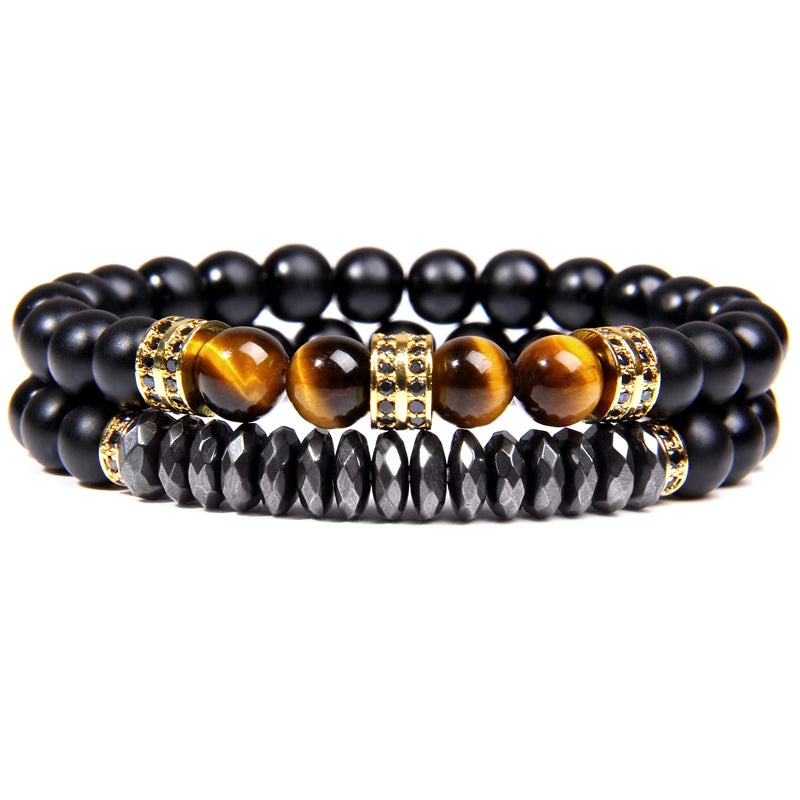 Fashion 2pcs Bead Bracelet Men Natural Tiger Eye Hematite Obsidian Beaded Bracelets Homme Energy Stretch Bracelet Men Jewelry