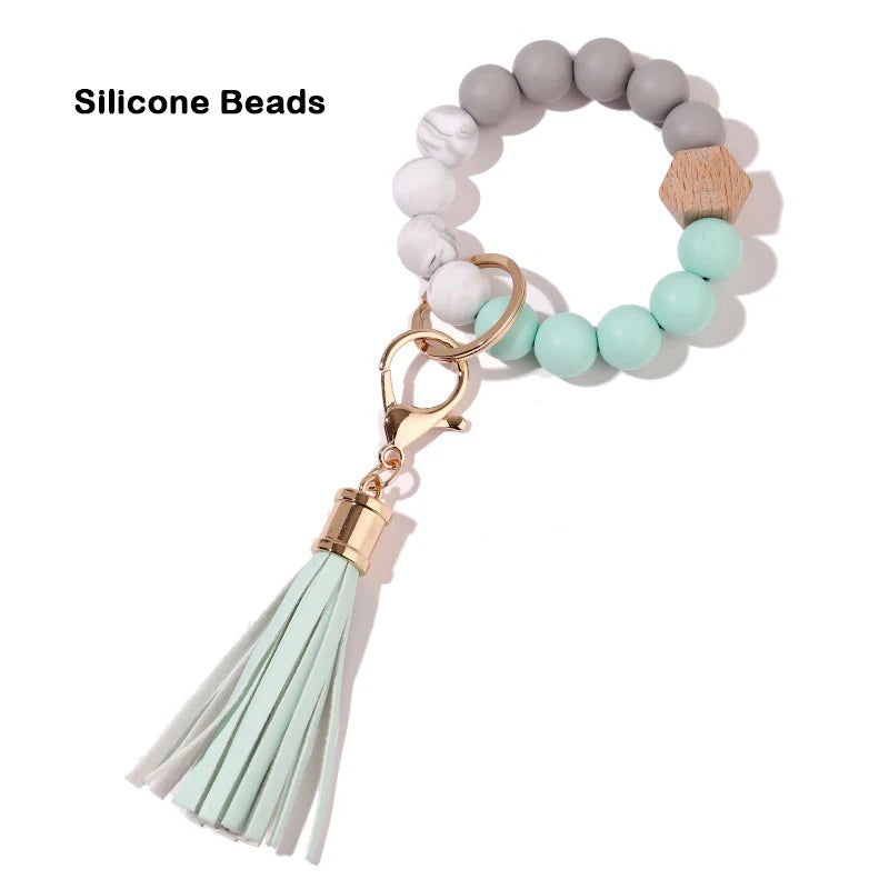 Silicone Keychain For Keys Tassel Wood Beads Bracelet Keyring For Women Accessories Multicolor Keychain Wholesale Hot Sale 2022